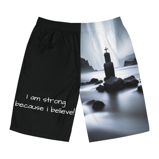 I am Strong Because I Believe Men's Board Shorts (AOP)