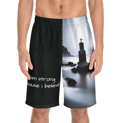 I am Strong Because I Believe Men's Board Shorts (AOP)